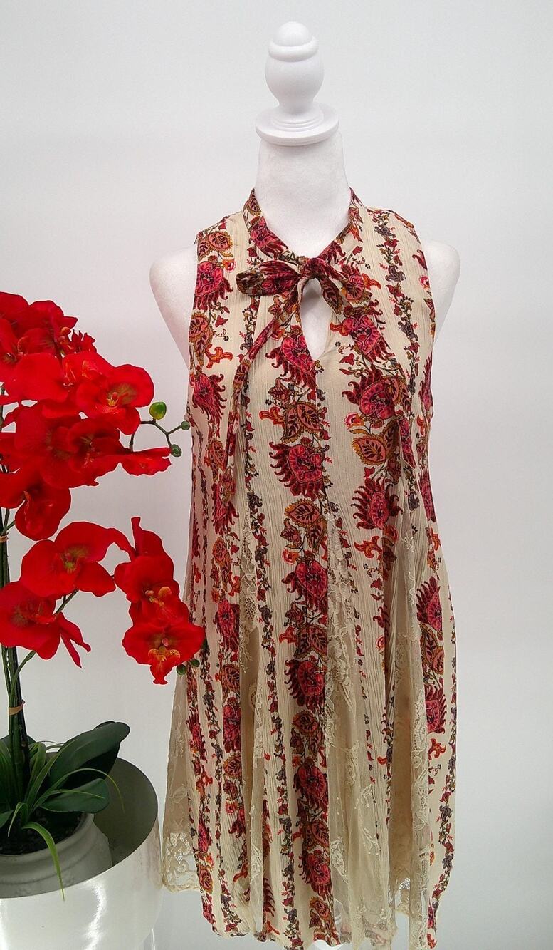 Coco Jaimeson Womens Multicolor Lace Detailing Neckline Tie Dress Large